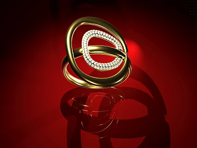 Gold Diamond Encrusted Ring With Circular Intertwined Bands On Shiny Red Background 3d model