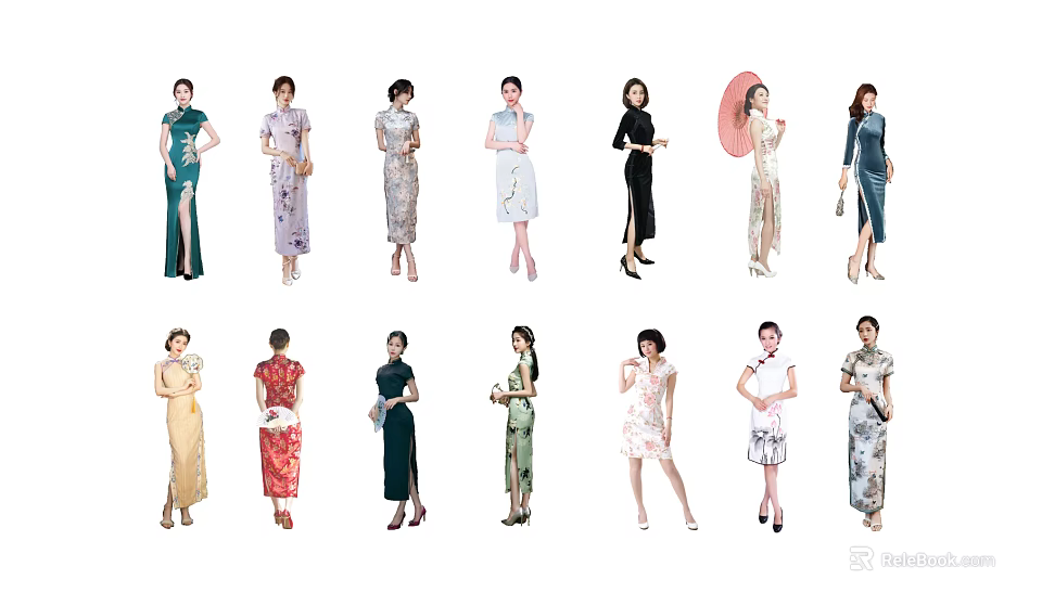 Group of Women Wearing Traditional Qipao Dresses in Various Styles and Colors 3d model 