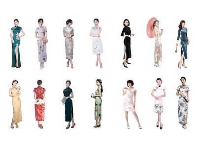 Group of Women Wearing Traditional Qipao Dresses in Various Styles and Colors 3d model