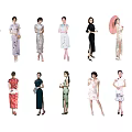 Group of Women Wearing Traditional Qipao Dresses in Various Styles and Colors