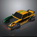 Yellow Green And Gray Modified Racing Car With Wide Body Tires And Rear Spoiler