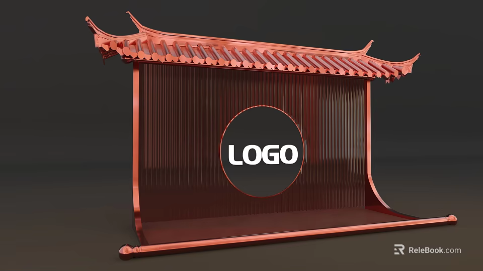 Red Chinese Style Decorative Structure With Eaves Roof And Circular LOGO Area 3d model 