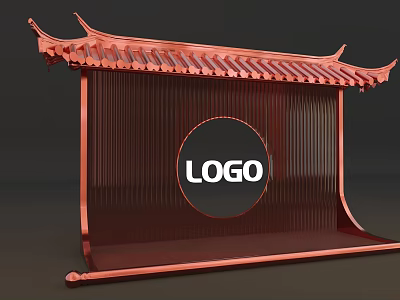Red Chinese Style Decorative Structure With Eaves Roof And Circular LOGO Area 3d model