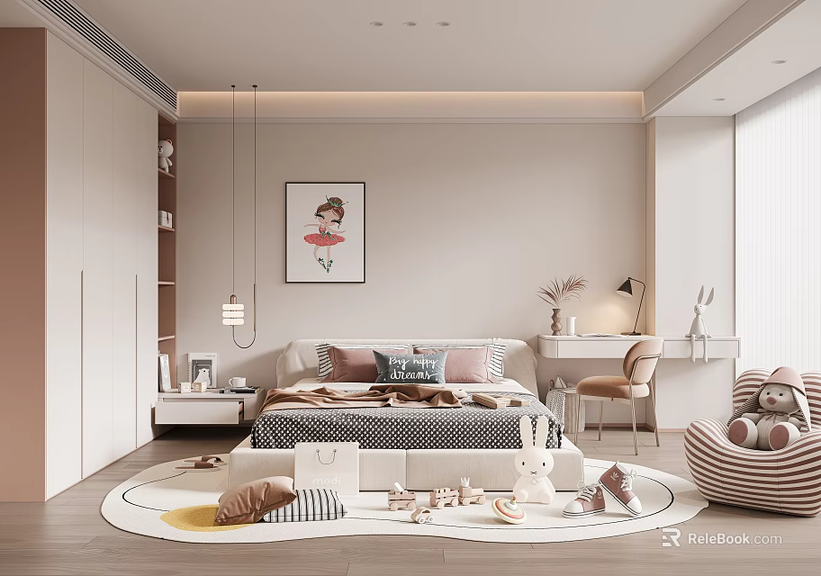 Cozy Modern Kids Bedroom With Toys Wall Art And Furniture 3d model 
