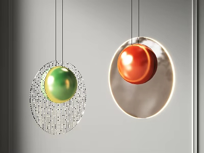 Hanging Green And Orange Spherical Chandeliers With Netted Decoration And Circular Luminous Frame 3d model