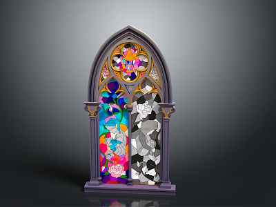 Gothic Stained Glass Window With Colorful Intricate Patterns Ornate Arch And Decorative Columns 3d model