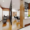 Modern Hair Salon Interior With Barber Chairs Product Shelves Wooden Decor And Green Plants