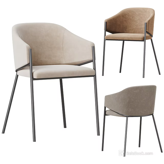 Modern Upholstered Single Chair With Beige Brown Fabric And Black Metal Legs 3d model 