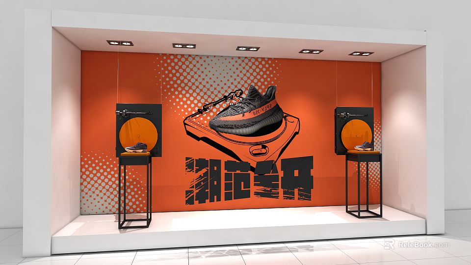 Modern Shop Window Display With Orange Polka Dot Background Sneakers Black Frames And Display Stands 3d model 