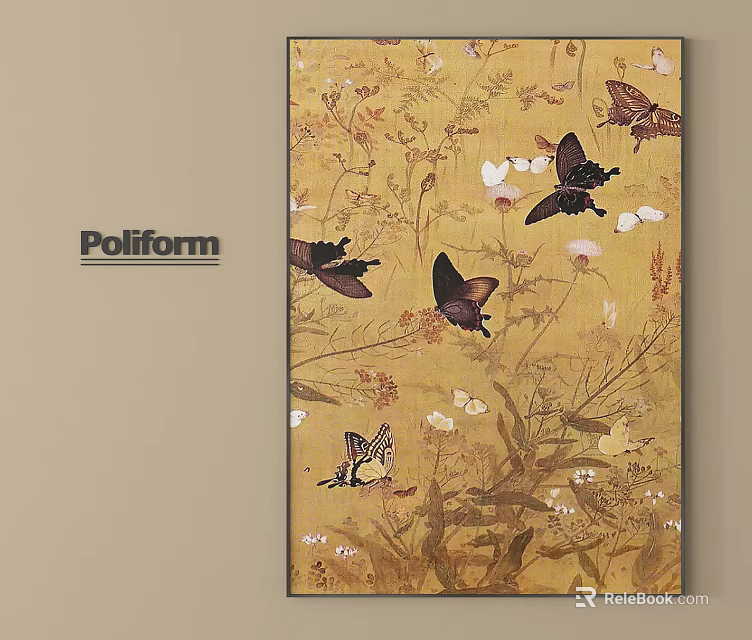 Poliform Decorative Painting Featuring Butterflies And Flowers On Yellow Background 3d model 