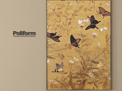 Poliform Decorative Painting Featuring Butterflies And Flowers On Yellow Background 3d model