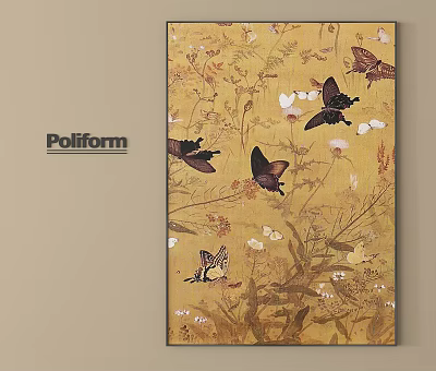 Poliform Decorative Painting Featuring Butterflies And Flowers On Yellow Background 3d model