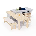 Natural Wooden Dining Table Set With Bench Chair And Marble Top Decor