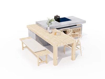 Natural Wooden Dining Table Set With Bench Chair And Marble Top Decor 3d model