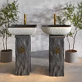 Elegant Stone Pedestal Sinks With White Countertop Golden Faucet And Green Plants
