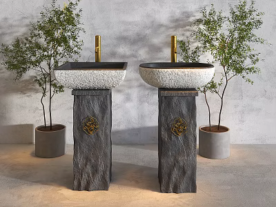Elegant Stone Pedestal Sinks With White Countertop Golden Faucet And Green Plants 3d model