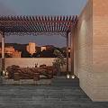 Roof Garden Scenic Sunset View with Lush Green Plants and Stone Flooring