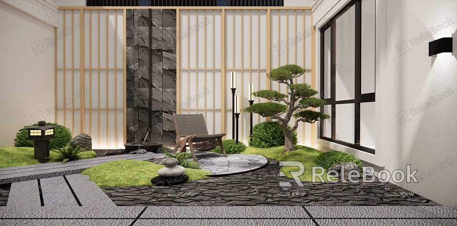 Japanese-style courtyard dry landscape courtyard garden sketch Pok pine outdoor deck chair stone lamp fern shrub landscape wall patio landscape model