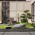 Karesansui Garden Design With Stone Wall Bamboo Screen Pine Tree And Mossy Path 3d model