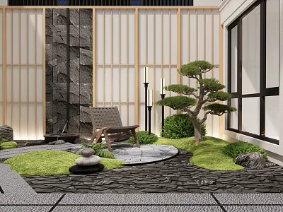 Karesansui Garden Design With Stone Wall Bamboo Screen Pine Tree And Mossy Path 3d model