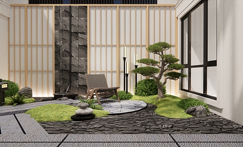 Japanese-style courtyard dry landscape courtyard garden sketch Pok pine outdoor deck chair stone lamp fern shrub landscape wall patio landscape 3d model