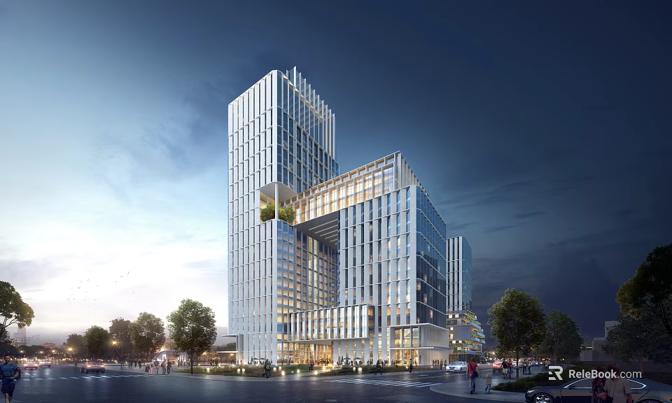 Modern High Rise Office Building With Glass Curtain Wall Illuminated Night View And Trees Sidewalks 3d model 