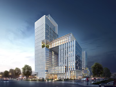 Modern High Rise Office Building With Glass Curtain Wall Illuminated Night View And Trees Sidewalks 3d model