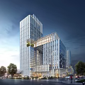 Modern High Rise Office Building With Glass Curtain Wall Illuminated Night View And Trees Sidewalks