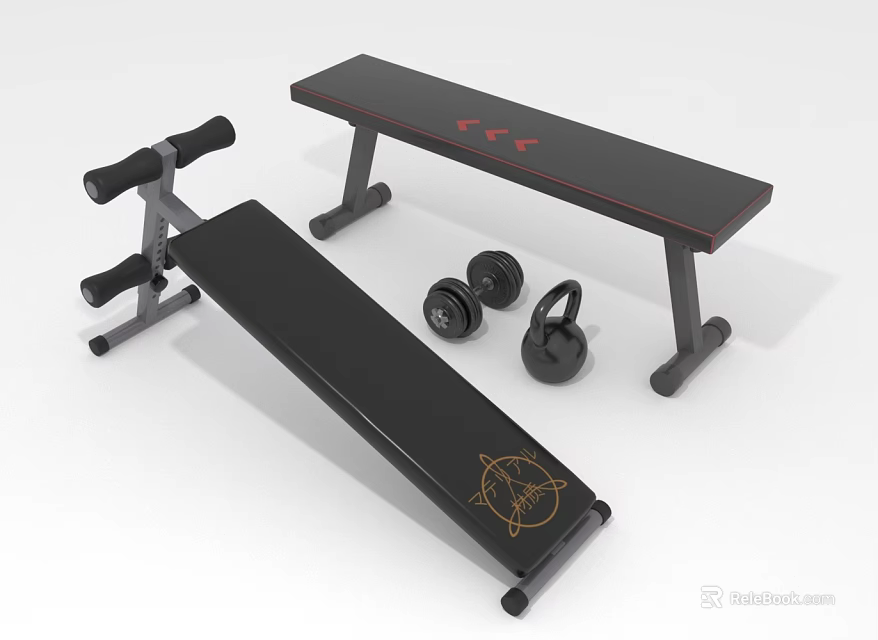 Sturdy Black Furniture Bench With Golden Logo And Fitness Dumbbells Kettlebell Accessories 3d model
