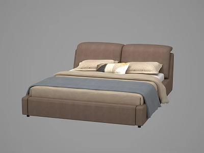 Modern Brown Double Bed With Upholstered Headboard Soft Pillows And Blanket 3d model