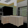 Modern Bakery Kitchen Area With Stainless Steel Ovens Wooden Counter And Displayed Pastries