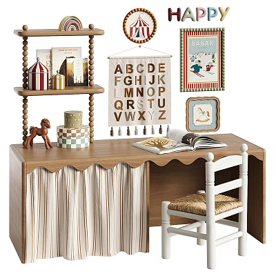Kids Desk With White Chair Open Book ABC Alphabet Banner Bookshelf Toys And Books 3d model