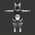 3D Anthropomorphic Wolf Character With White Ears Black Head Green Eyes Maid Outfit Tail Paws