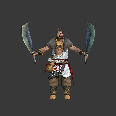 Tribal Warrior Character With Double Large Swords Feather Headdress Decorative Necklace And Traditional Outfit 3d model