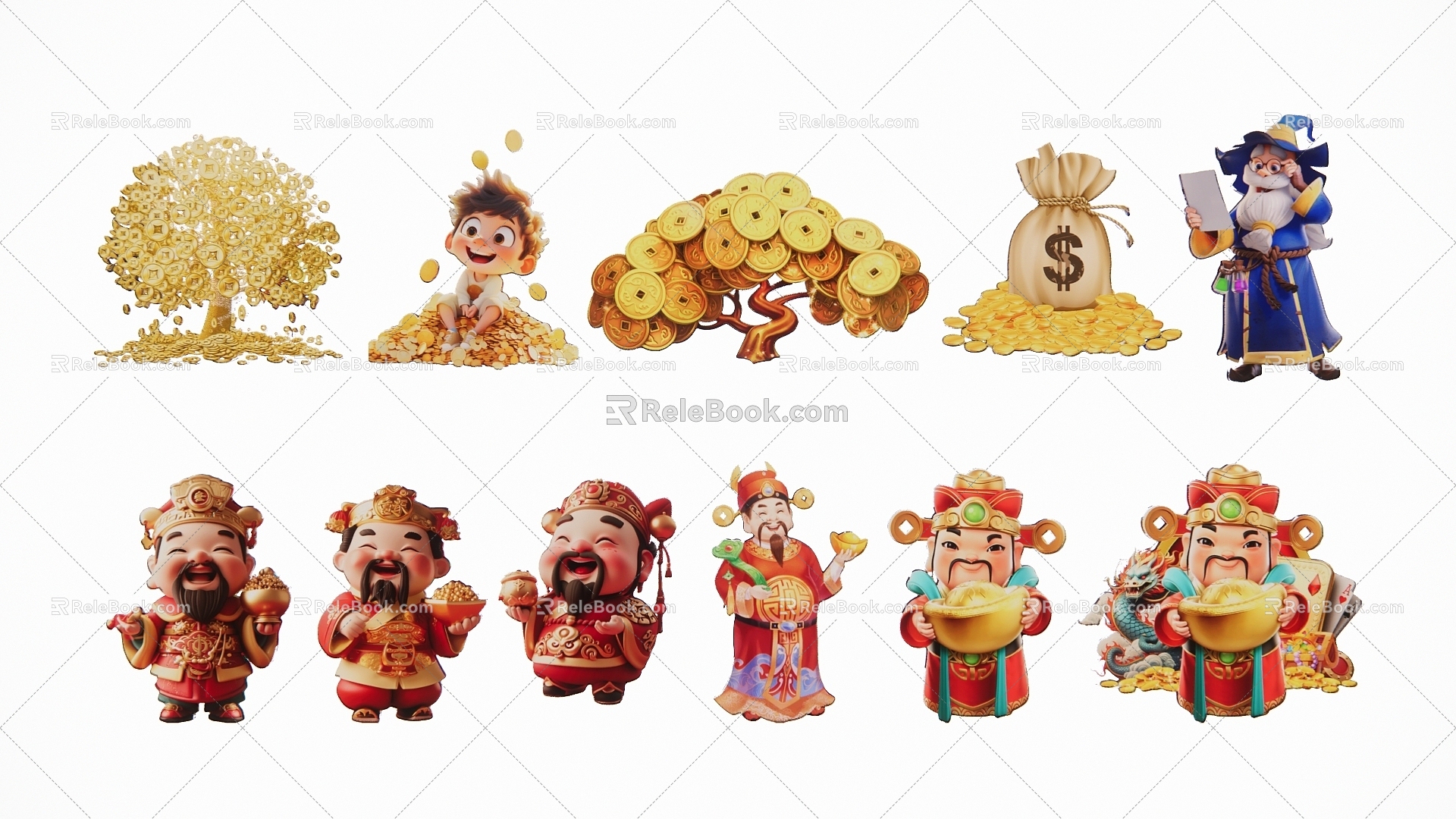 2D God of Wealth Gold Coin Tree Figure model