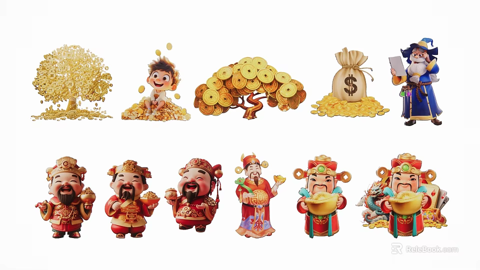 Chinese Lucky Wealth Hanging Decorations with Caishen Statues Gold Ingots Money Tree and Money Bags 3d model 