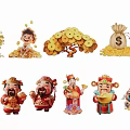 Chinese Lucky Wealth Hanging Decorations with Caishen Statues Gold Ingots Money Tree and Money Bags