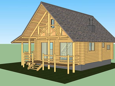 Traditional Wooden Cabin Featuring Gabled Roof Front Porch Steps Windows And Chimney 3d model