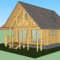 Traditional Wooden Cabin Featuring Gabled Roof Front Porch Steps Windows And Chimney