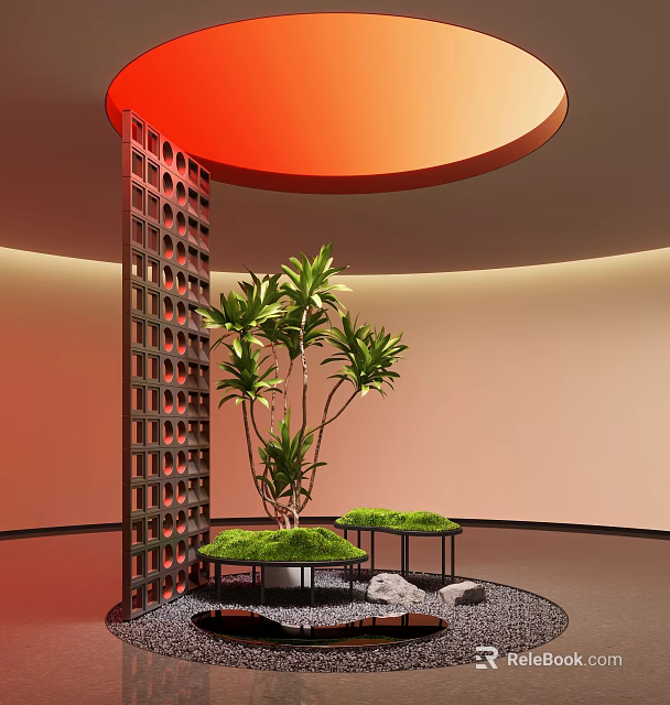 Indoor Landscape Design Featuring Red Circular Ceiling Vertical Lattice Green Plant And Moss Covered Platforms 3d model 