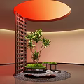 Indoor Landscape Design Featuring Red Circular Ceiling Vertical Lattice Green Plant And Moss Covered Platforms