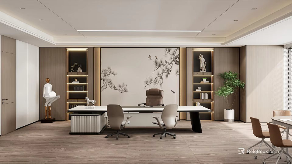 Chinese Style Office Interior With Large Desk Leather Chairs Bookshelves And Decorative Painting 3d model 