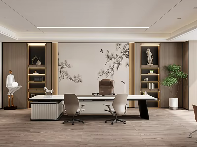 Chinese Style Office Interior With Large Desk Leather Chairs Bookshelves And Decorative Painting 3d model