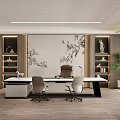 Chinese Style Office Interior With Large Desk Leather Chairs Bookshelves And Decorative Painting