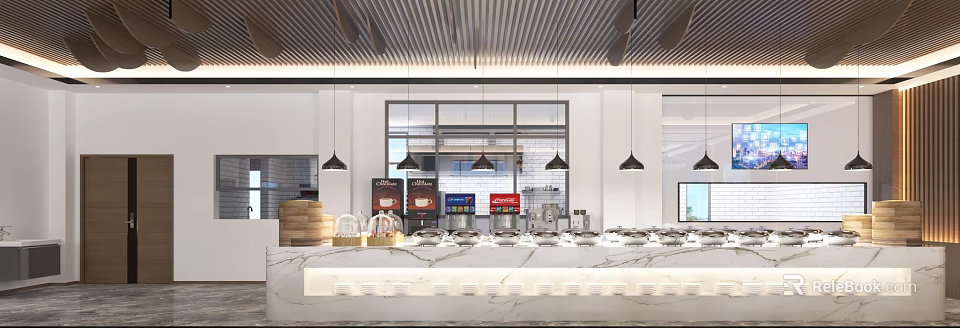 Modern Restaurant Interior With Marble Counter Food Displays Bread Baskets Large Windows And Pendant Lights 3d model 