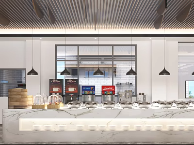 Modern Restaurant Interior With Marble Counter Food Displays Bread Baskets Large Windows And Pendant Lights 3d model