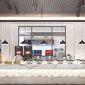 Modern Restaurant Interior With Marble Counter Food Displays Bread Baskets Large Windows And Pendant Lights