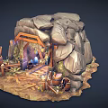 Cartoon Scene Of Rock Cave With Wooden Structure Lanterns Vines And Barrels