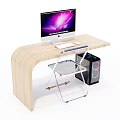 Modern Wooden Desk Setup With Computer Monitor Keyboard Mouse And RGB Lighting PC Tower