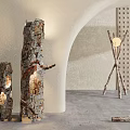 Natural Wood Trunk Floor Lamps With Bark Texture Warm Light In Minimalist Curved Wall Interior